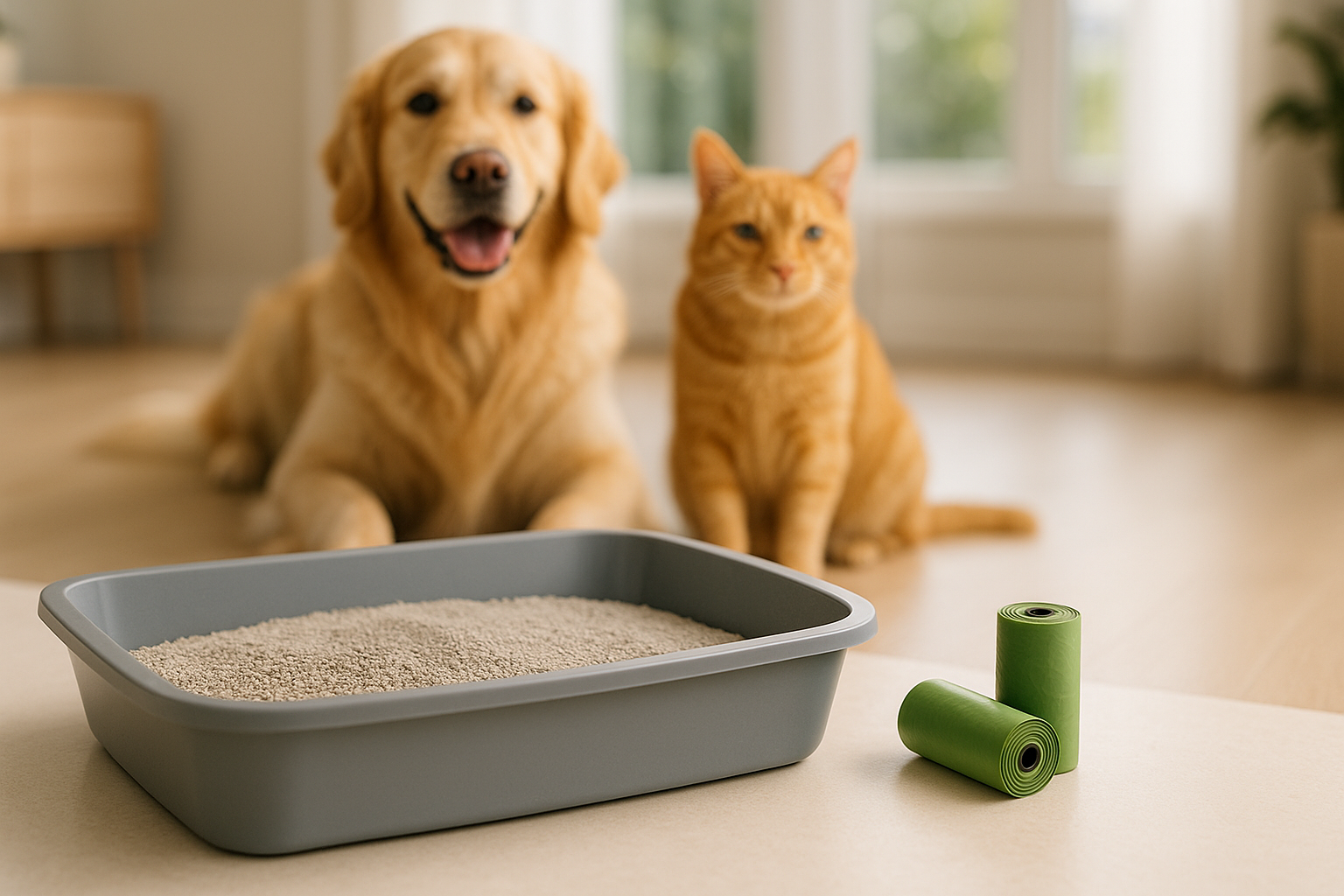 Can you create a photo realistic image of a cat litter tray and doggy poo bags, with a dog and cat in the background