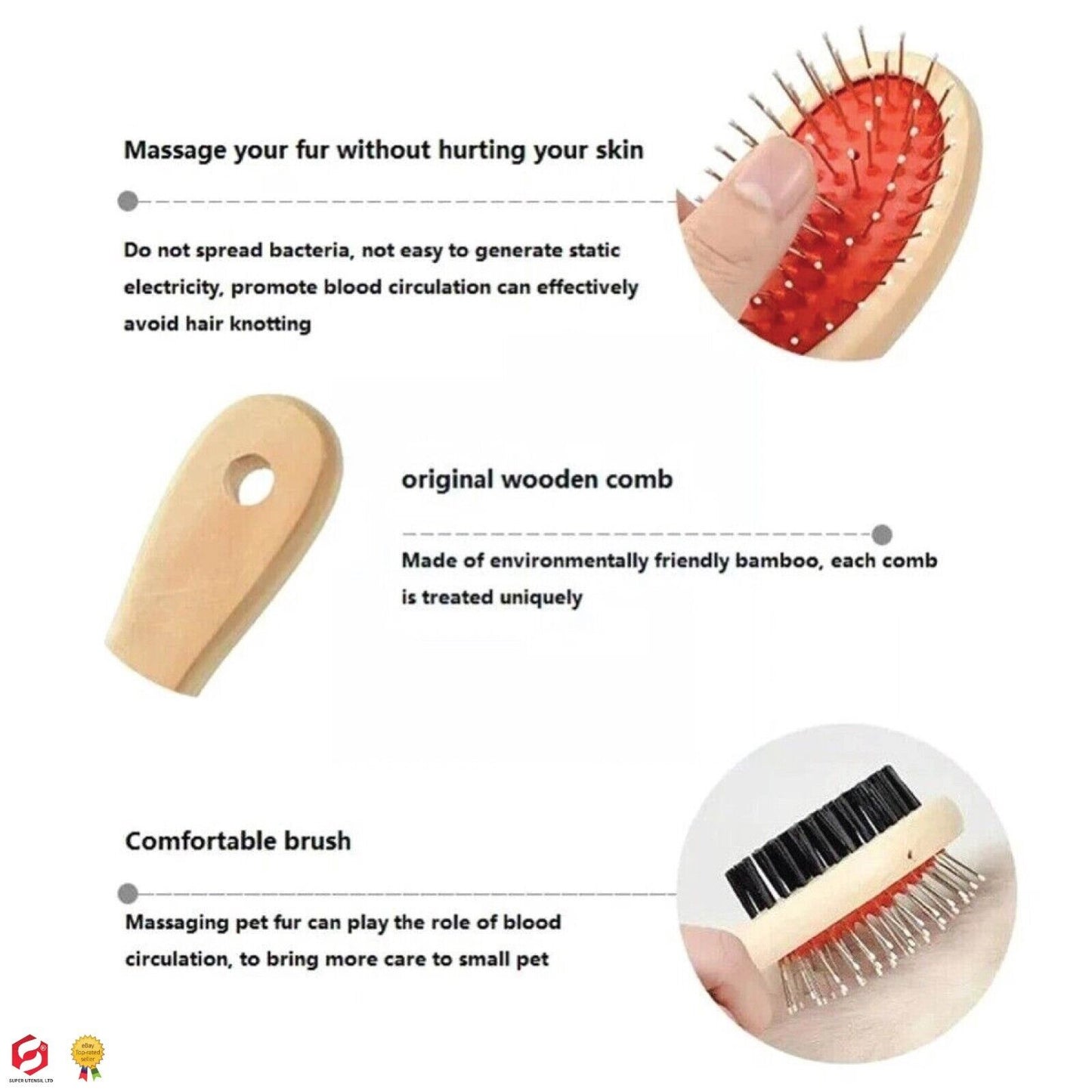 Double Side Dog Cat Grooming Brush Groomer Comb Pet Hair Fur Tidy Cleaner Wooden
