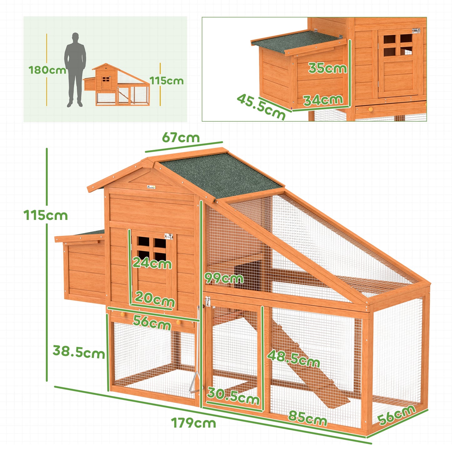 PawHut Wooden Chicken Coop with Run, Nesting Box, Slide-out Tray, Ramp, Perches, Asphalt Roof, 179 x 67 x 115cm-1