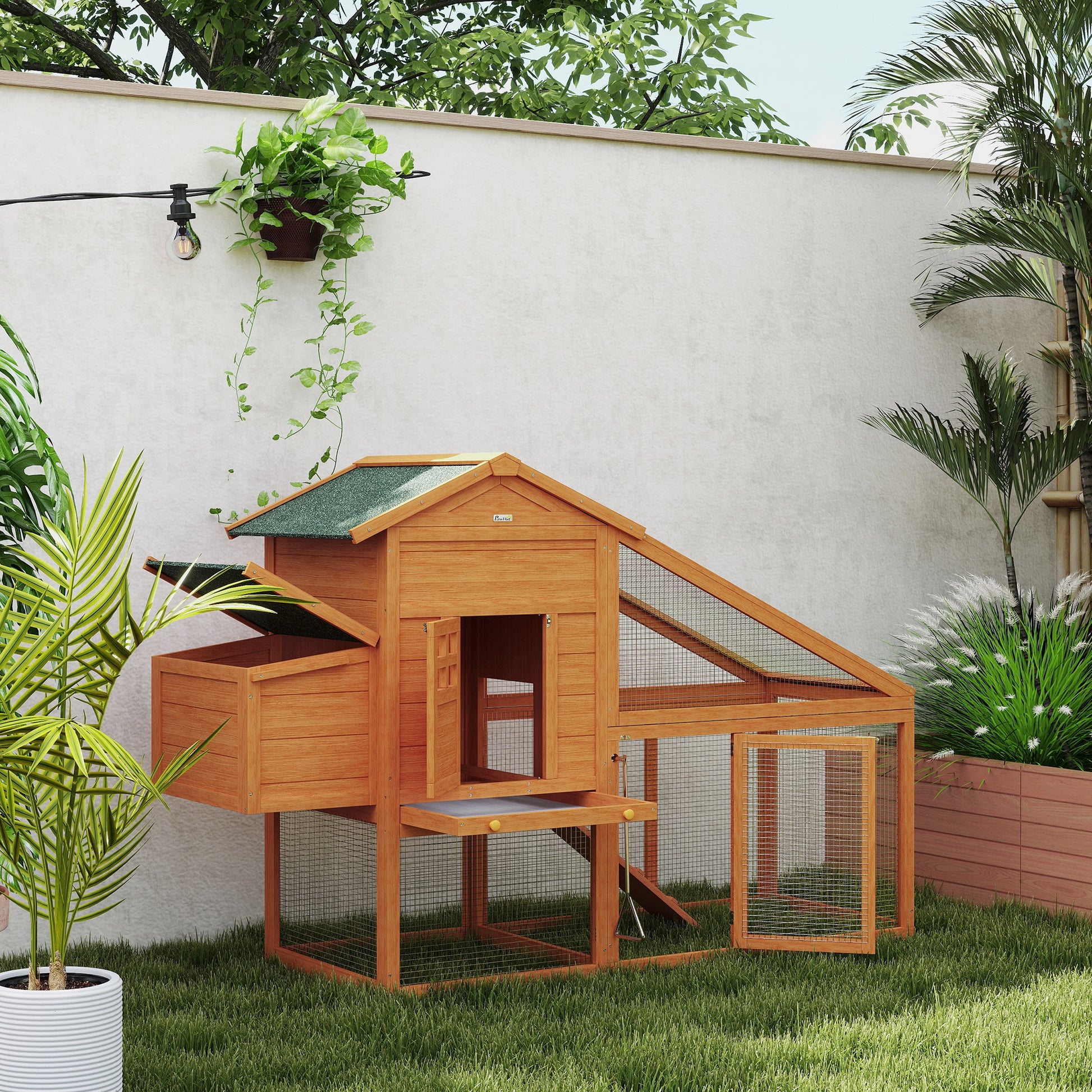 PawHut Wooden Chicken Coop with Run, Nesting Box, Slide-out Tray, Ramp, Perches, Asphalt Roof, 179 x 67 x 115cm-7