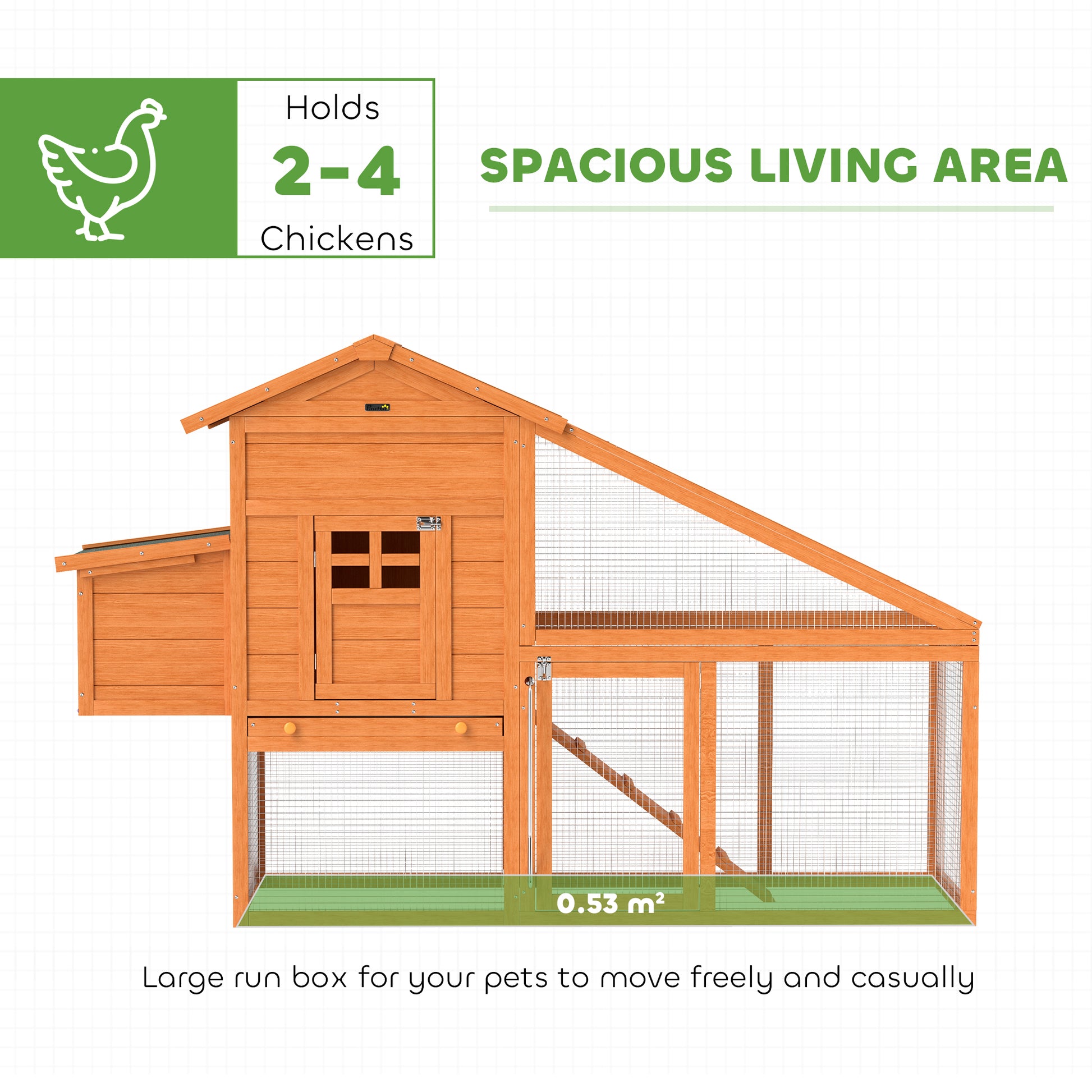 PawHut Wooden Chicken Coop with Run, Nesting Box, Slide-out Tray, Ramp, Perches, Asphalt Roof, 179 x 67 x 115cm-2