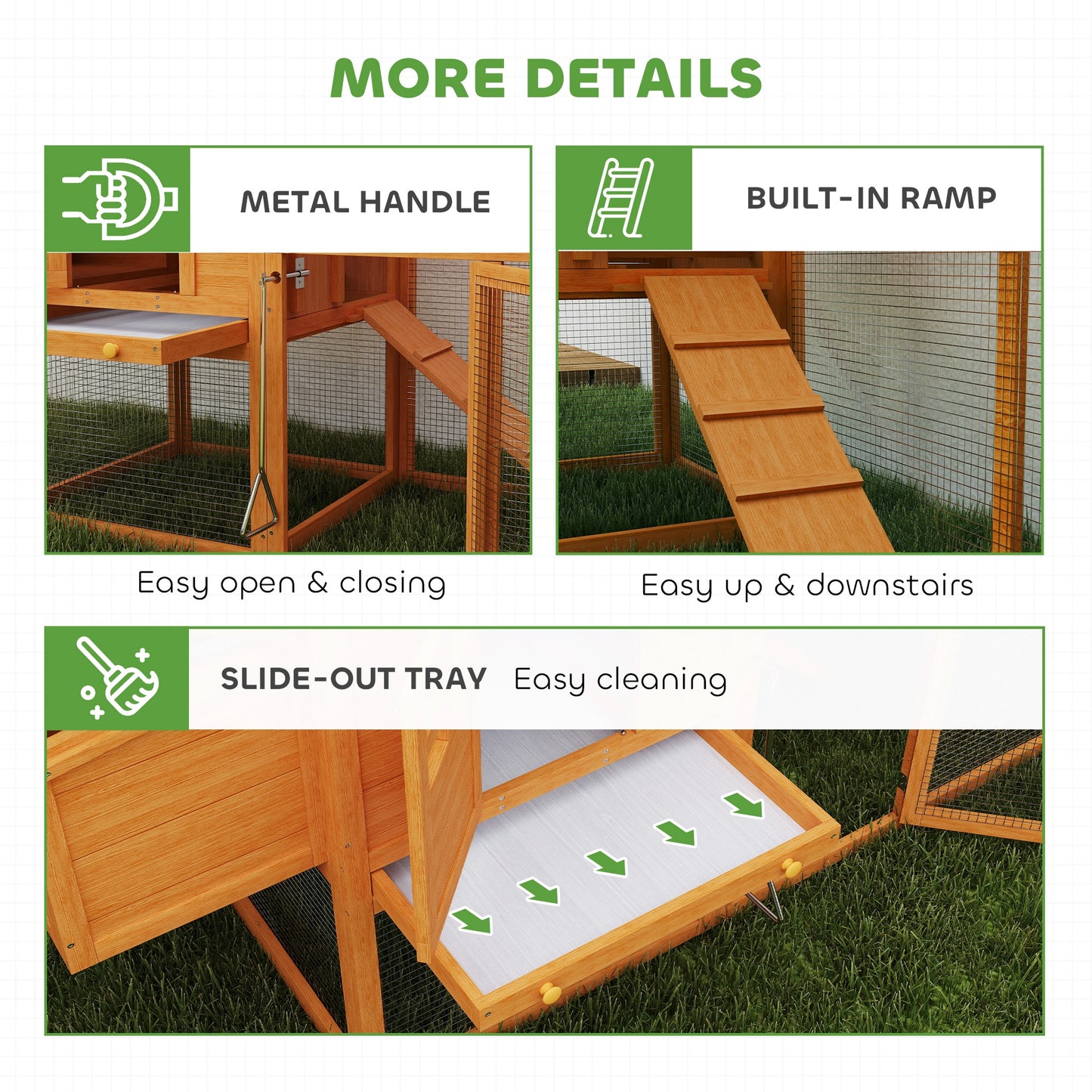 PawHut Wooden Chicken Coop with Run, Nesting Box, Slide-out Tray, Ramp, Perches, Asphalt Roof, 179 x 67 x 115cm-5