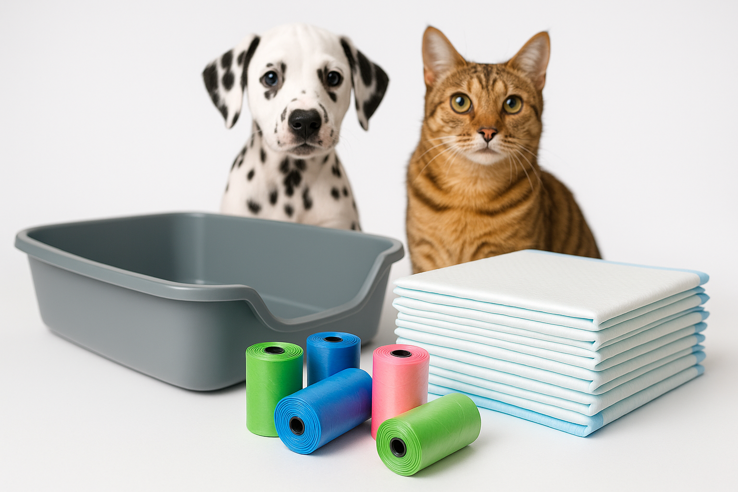 can you create a photo realistic image of a cat litter tray, puppy training pads and several rolls of doggy poo bags in the foreground, and a puppy Dalmatian dog and tabby cat in the background