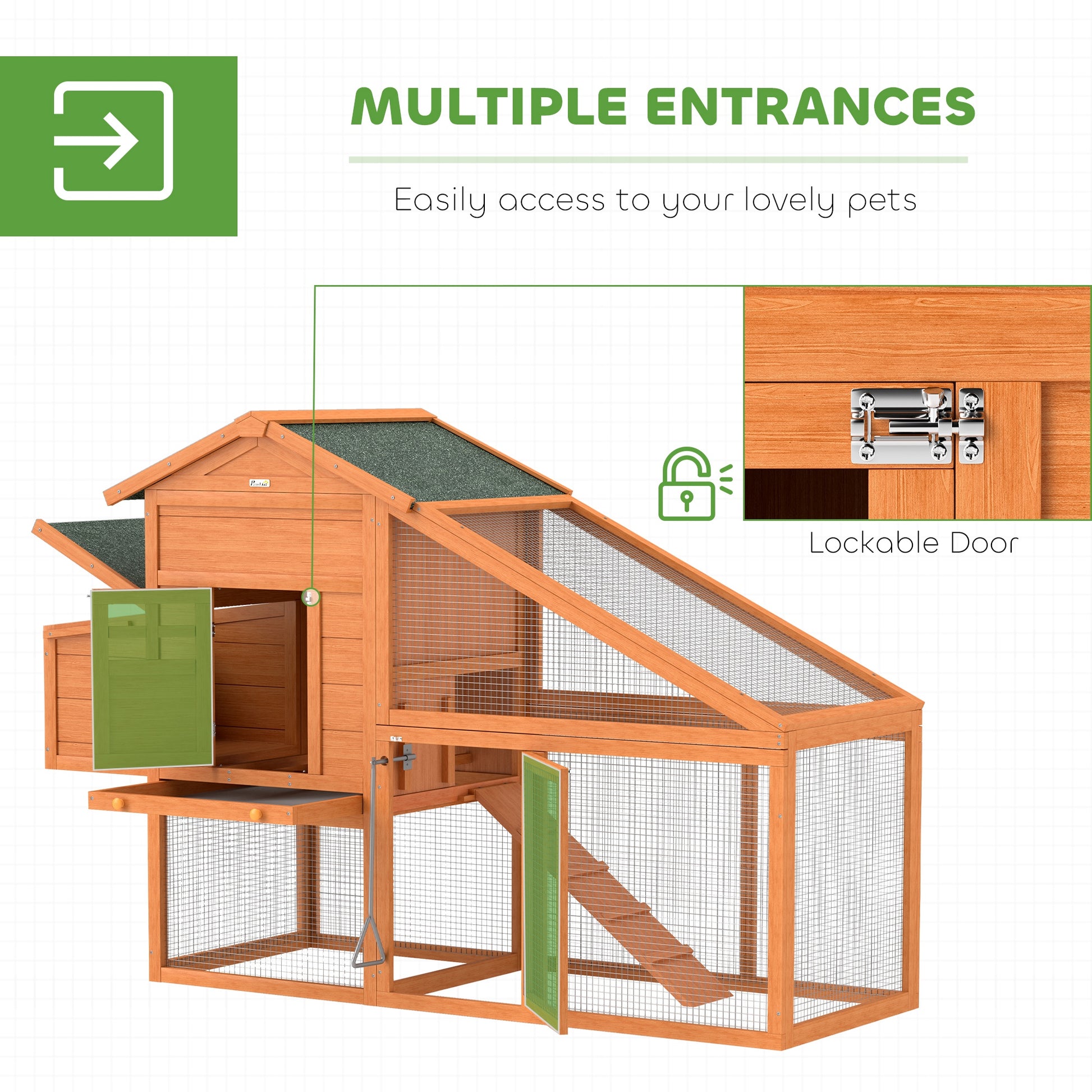 PawHut Wooden Chicken Coop with Run, Nesting Box, Slide-out Tray, Ramp, Perches, Asphalt Roof, 179 x 67 x 115cm-3