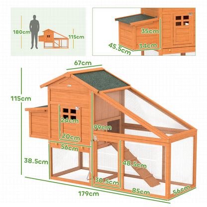 PawHut Wooden Chicken Coop with Run, Nesting Box, Slide-out Tray, Ramp, Perches, Asphalt Roof, 179 x 67 x 115cm-1